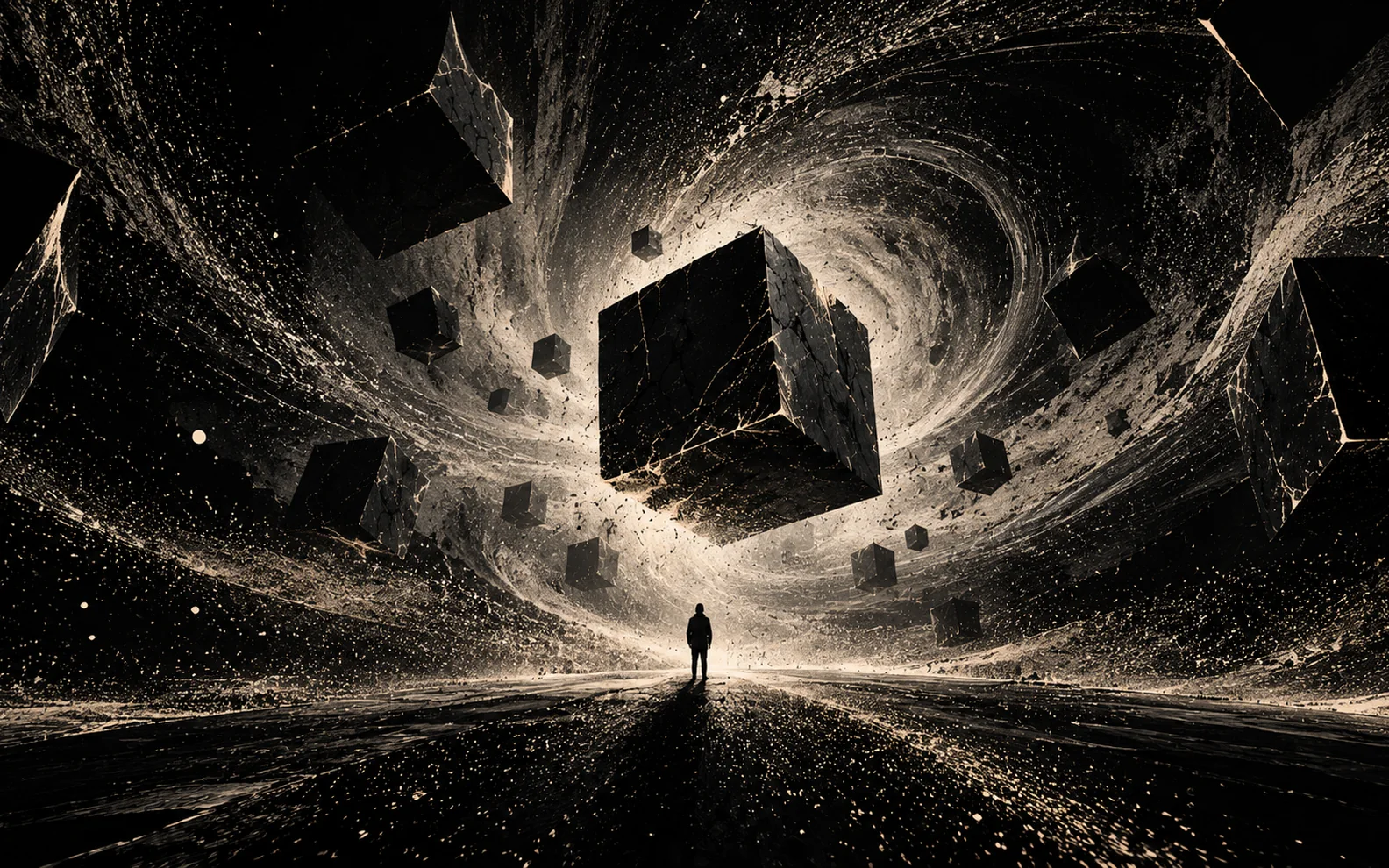 Una persona minuscola su una piana d’ossidiana davanti a un grande cubo di pietra sospeso, altri cubi attorno e un vortice di luce.